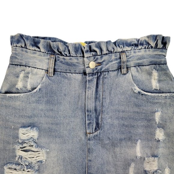 Hayden Denim Jean Skirt NEW Paperbag Ruffle Waist Sz M Distressed Pockets Light - Picture 3 of 12